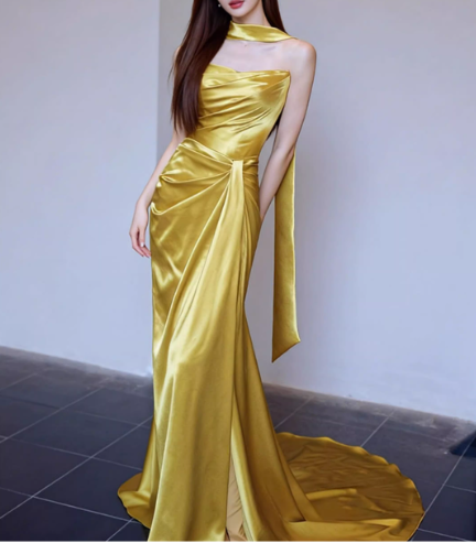 Glamorous Gold Satin Evening Gown Strapless with Train Prom Dress TP5615