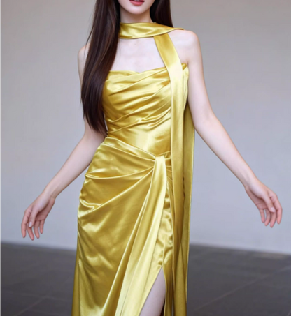 Glamorous Gold Satin Evening Gown Strapless with Train Prom Dress TP5615