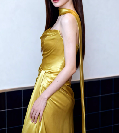 Glamorous Gold Satin Evening Gown Strapless with Train Prom Dress TP5615