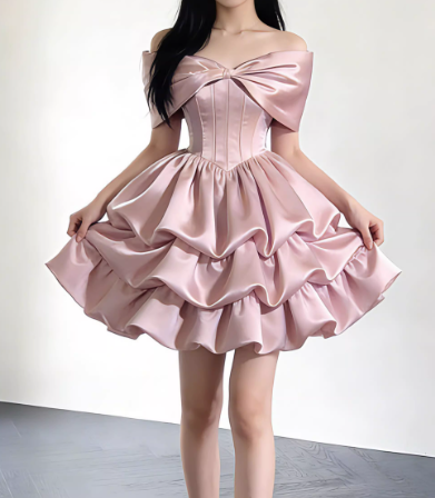 Vintage Pink Satin Off-the-Shoulder Bow Mini Ruffled Tiered A-Line Homecoming Dress Cocktail Dress TP5616
