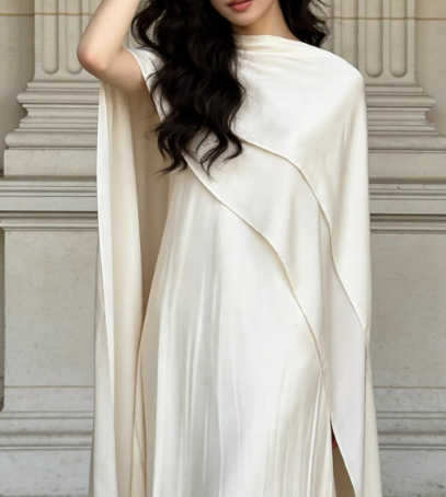 Elegant Ivory Satin Cape-Sleeve Floor-Length Evening Gown Sheath Train Prom Dress TP5618