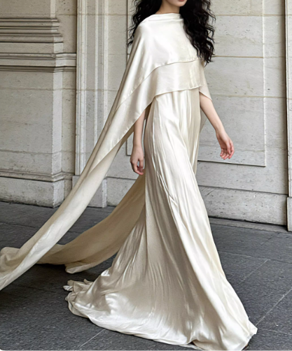 Elegant Ivory Satin Cape-Sleeve Floor-Length Evening Gown Sheath Train Prom Dress TP5618
