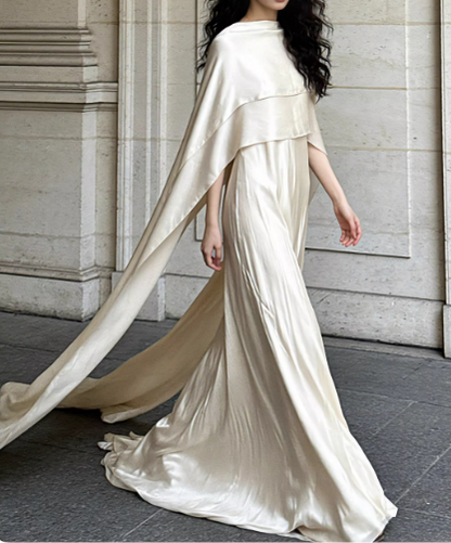 Elegant Ivory Satin Cape-Sleeve Floor-Length Evening Gown Sheath Train Prom Dress TP5618