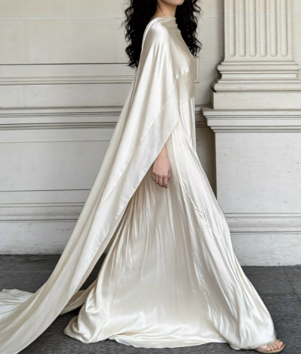 Elegant Ivory Satin Cape-Sleeve Floor-Length Evening Gown Sheath Train Prom Dress TP5618