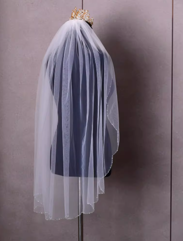 Elegant Ivory Tulle Bridal Veil Pearl-Beaded Edge Medium-Length Wedding Veil TP5620