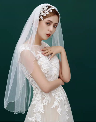 Elegant Ivory Tulle Bridal Veil Pearl-Beaded Edge Medium-Length Wedding Veil TP5620