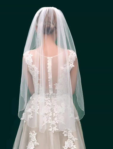 Elegant Ivory Tulle Bridal Veil Pearl-Beaded Edge Medium-Length Wedding Veil TP5620
