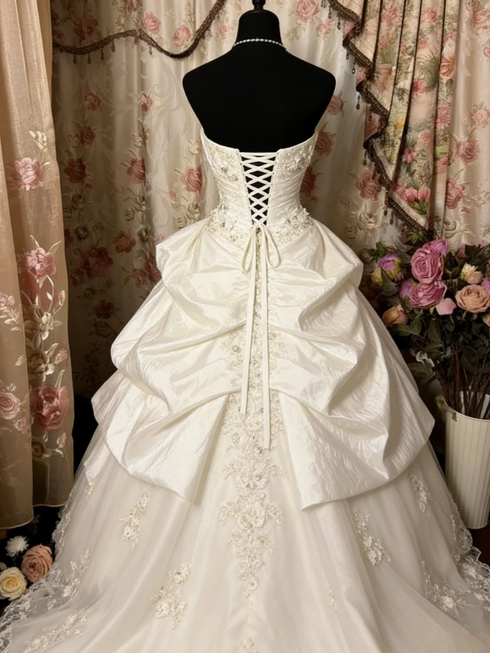 Glamorous A-Line Sweetheart Wedding Dress Applique Beading Ruffled Satin Layers Bridal Gown TP5090