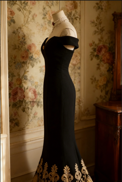Elegant Black Off-Shoulder Mermaid Evening Gown with Gold Embroidery TP5636