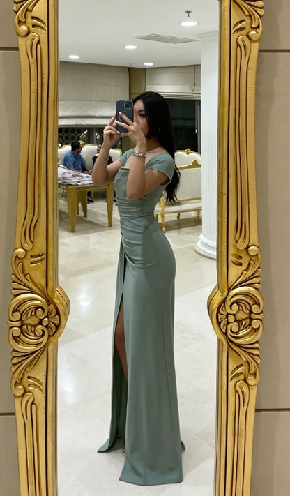 Vintage Sage Green Ruched Maxi Prom Dress Side Slit & Short Sleeves Evening Gown TP2090