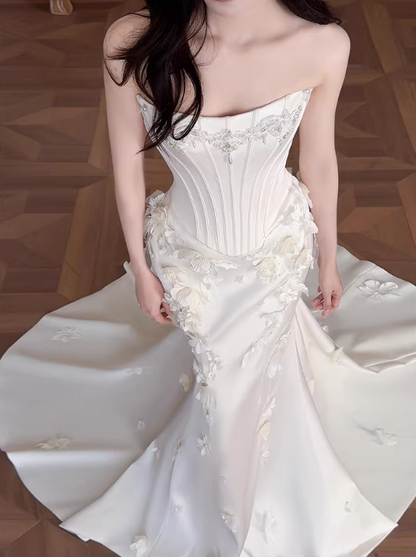 Glamorous Strapless Mermaid Bridal Gown 3D Floral Appliqués Wedding Dress TP5652