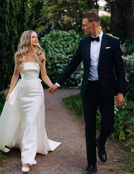 Glamorous Strapless Satin Bridal Gown Detachable Train Sheath Wedding Dress TP5655
