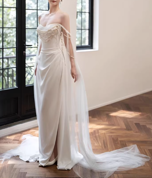 Dreamy Ivory Satin Strapless Wedding Dress with Pearl & Tulle Cape TP5658