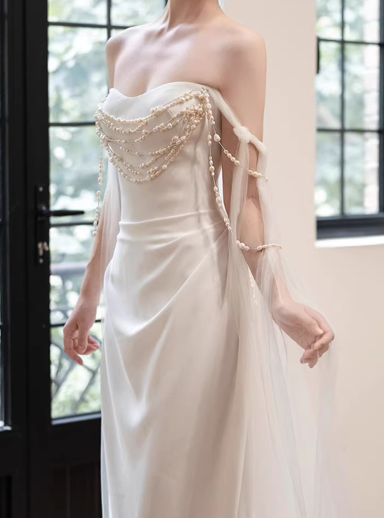 Dreamy Ivory Satin Strapless Wedding Dress with Pearl & Tulle Cape TP5658