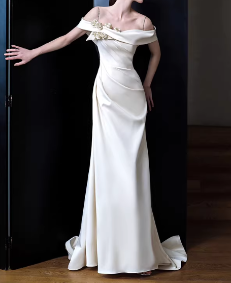 Elegant Ivory Satin Off-the-Shoulder Mermaid Floral Applique Wedding Dress TP5659