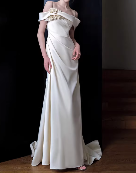 Elegant Ivory Satin Off-the-Shoulder Mermaid Floral Applique Wedding Dress TP5659