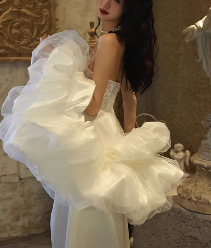 Elegant Ivory Lace Satin Wedding Dress Halter Neck Detachable Sleeves Bridal Gown TP5660