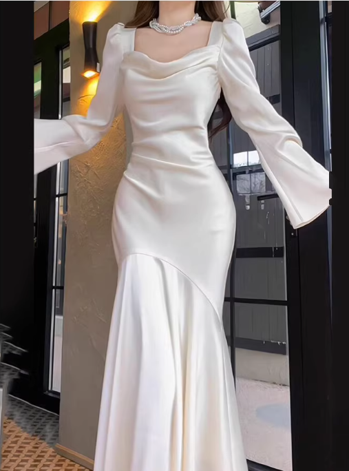 Elegant Satin White Cowl Neck Mermaid Wedding Dress Flared Sleeves Bridal Gown TP5661