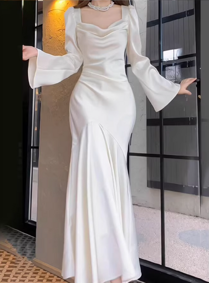 Elegant Satin White Cowl Neck Mermaid Wedding Dress Flared Sleeves Bridal Gown TP5661
