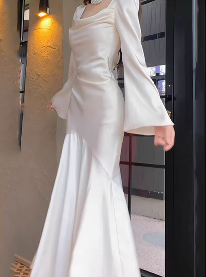 Elegant Satin White Cowl Neck Mermaid Wedding Dress Flared Sleeves Bridal Gown TP5661