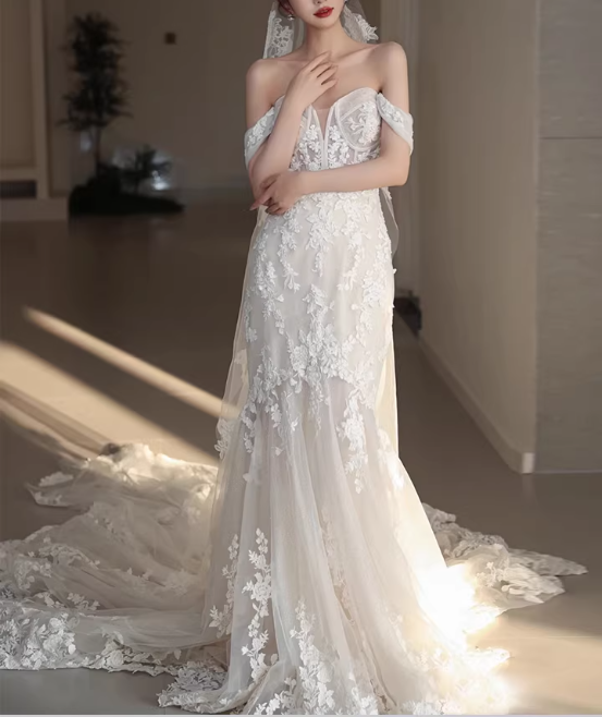 Elegant Off-the-Shoulder Sweetheart Neckline Lace Mermaid Wedding Dress with Chapel Train TP5662