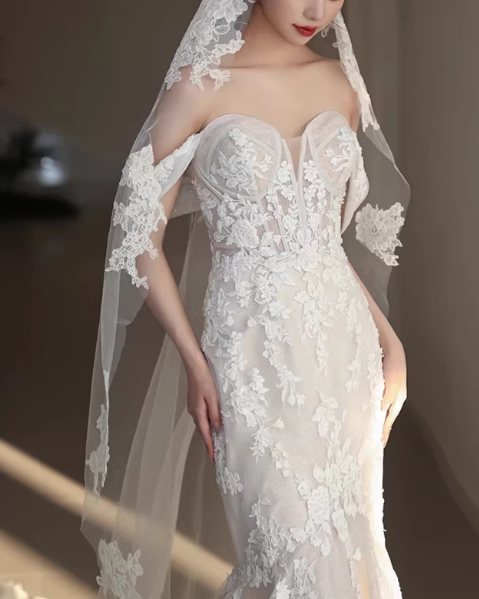 Elegant Off-the-Shoulder Sweetheart Neckline Lace Mermaid Wedding Dress with Chapel Train TP5662