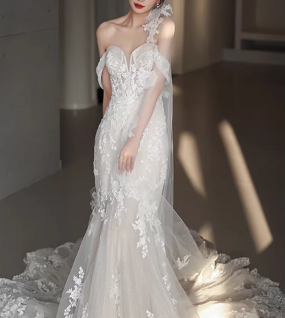 Elegant Off-the-Shoulder Sweetheart Neckline Lace Mermaid Wedding Dress with Chapel Train TP5662