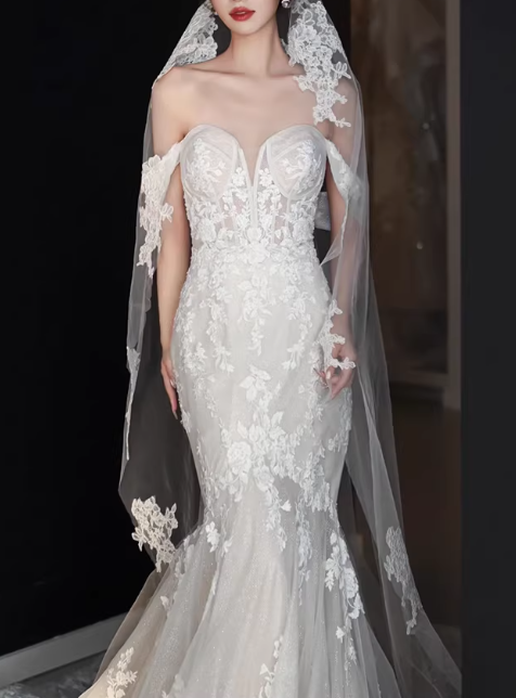 Elegant Off-the-Shoulder Sweetheart Neckline Lace Mermaid Wedding Dress with Chapel Train TP5662