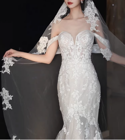 Elegant Off-the-Shoulder Sweetheart Neckline Lace Mermaid Wedding Dress with Chapel Train TP5662