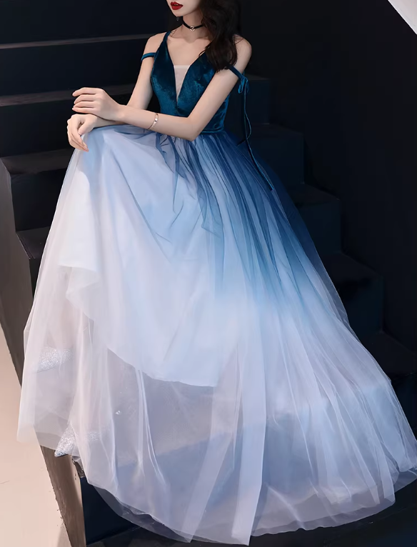 Elegant Teal Velvet & Ombre Tulle Spaghetti Strap Sweet 15 Quinceanera Ball Gown TP5664