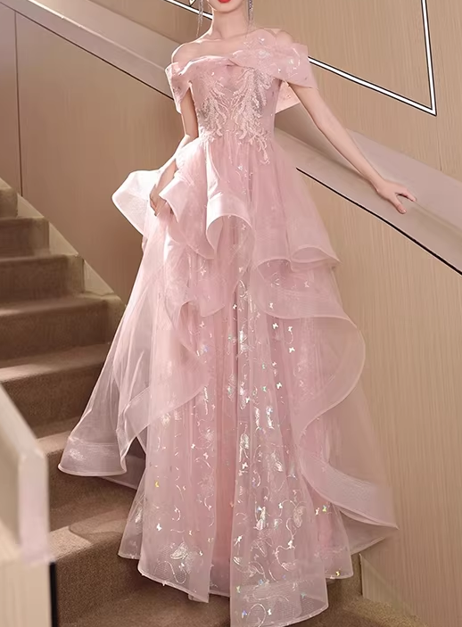 Romantic Pink Off-the-Shoulder Iridescent Butterfly Sweet 15 Quinceanera Ball Gown TP5669