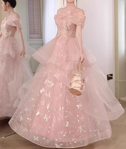Romantic Pink Off-the-Shoulder Iridescent Butterfly Sweet 15 Quinceanera Ball Gown TP5669