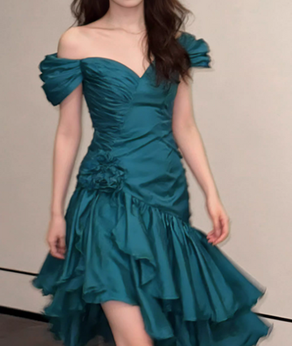 Vintage Teal 3D Floral Off-the-Shoulder Homecoming Dress Party Dress TP5683