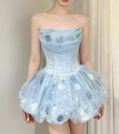 Vintage Sky Blue Strapless 3D Floral Applique Tulle Homecoming Dress Party Dress TP5684