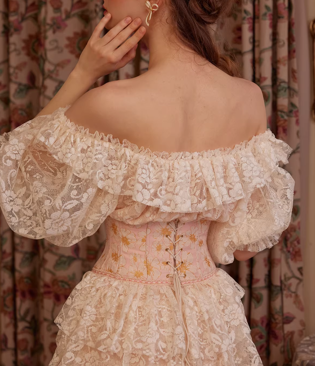 Ethereal Off-the-Shoulder Tiered Lace Gown Corset Prom Dress TP5688