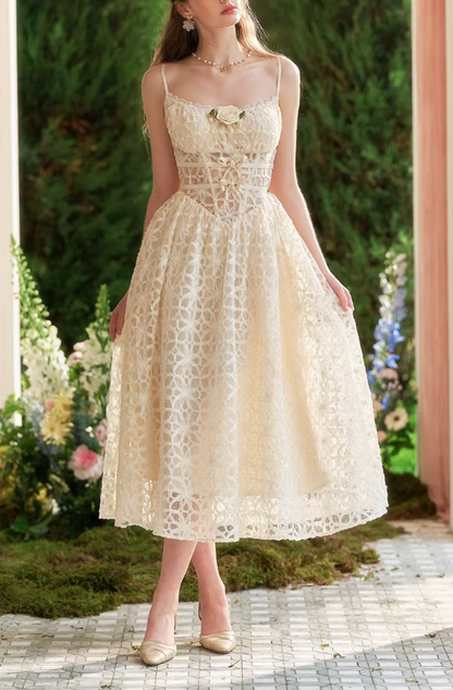 Champagne 3D Floral Lace Evening Gown Cutout Waist A-Line Midi Prom Dress TP5689