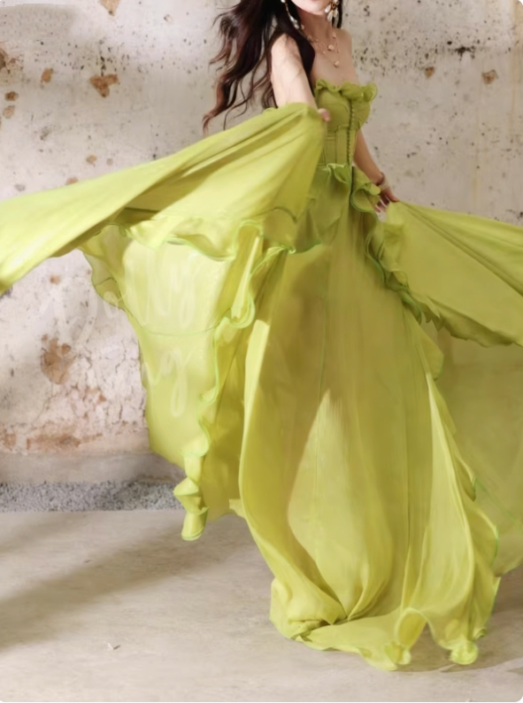 Romantic Lime Green Strapless Evening Gown Dramatic Ruffled Prom Dress TP5705