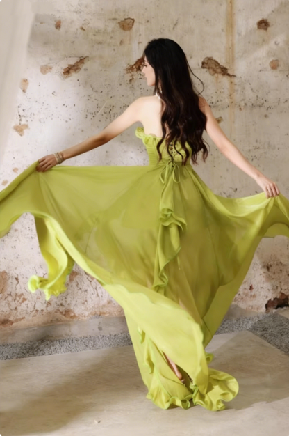 Romantic Lime Green Strapless Evening Gown Dramatic Ruffled Prom Dress TP5705