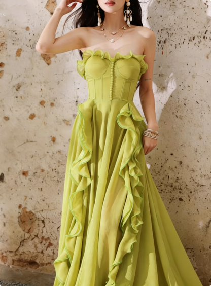 Romantic Lime Green Strapless Evening Gown Dramatic Ruffled Prom Dress TP5705