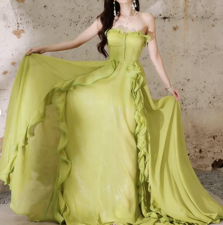Romantic Lime Green Strapless Evening Gown Dramatic Ruffled Prom Dress TP5705