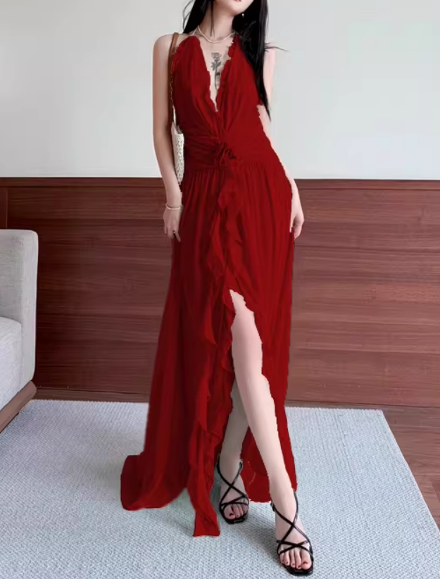 Ethereal Chiffon Halter Neck Evening Gown Floral Prom Dress TP5707
