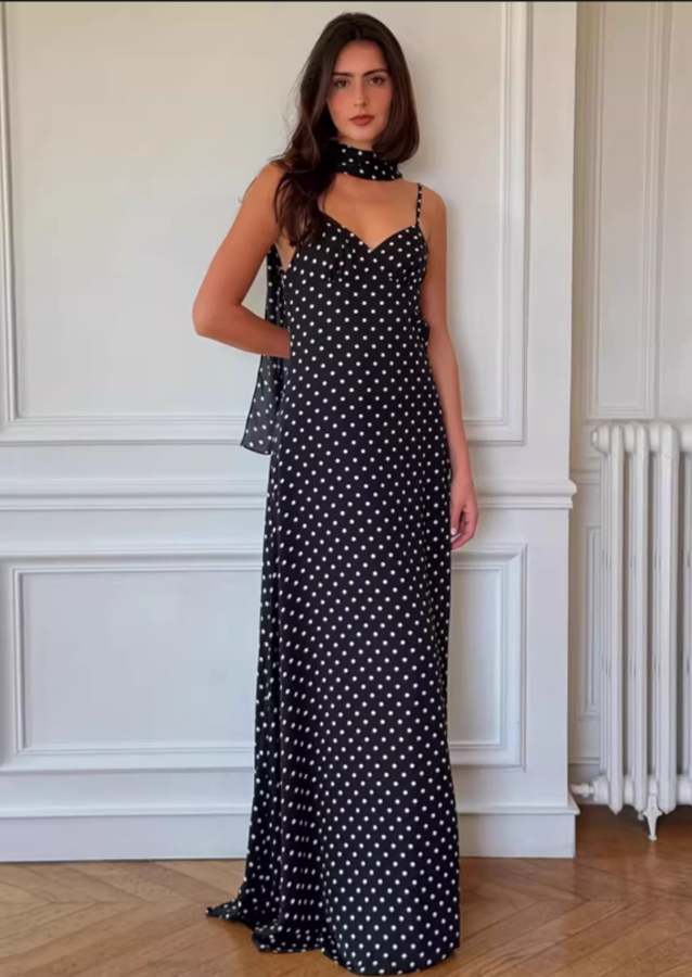 Vintage Polka Dot Spaghetti Strap Maxi Prom Dress with Neck Scarf TP5709