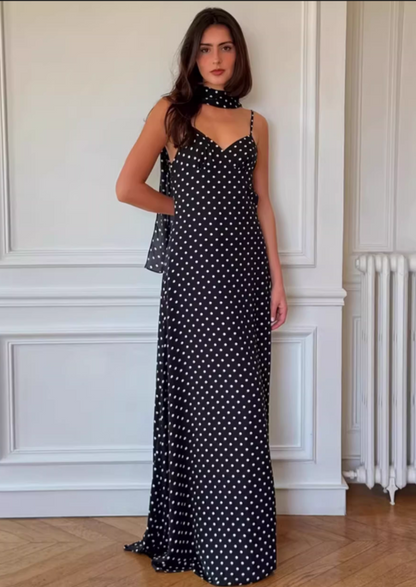 Vintage Polka Dot Spaghetti Strap Maxi Prom Dress with Neck Scarf TP5709