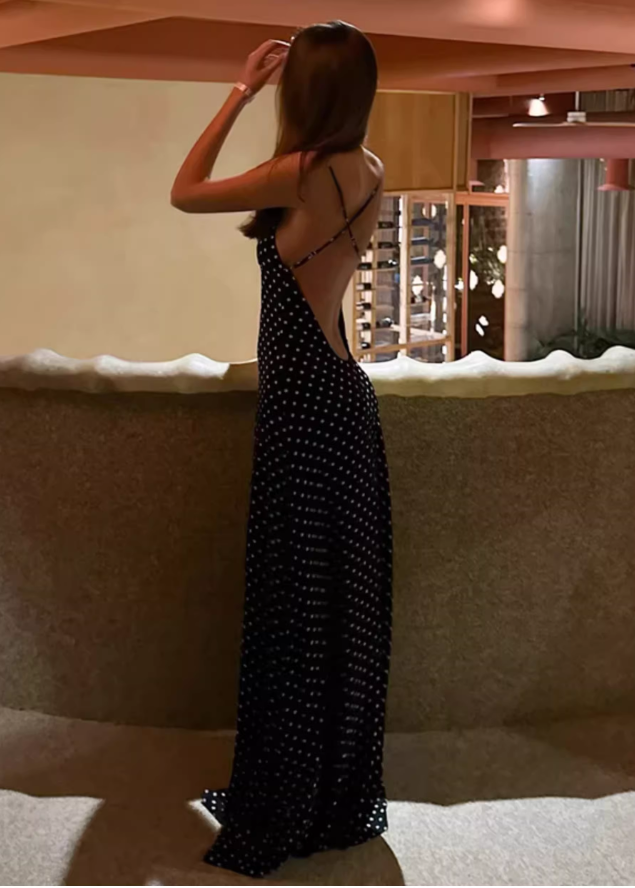 Vintage Polka Dot Spaghetti Strap Maxi Prom Dress with Neck Scarf TP5709