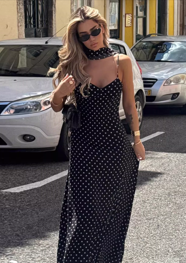 Vintage Polka Dot Spaghetti Strap Maxi Prom Dress with Neck Scarf TP5709