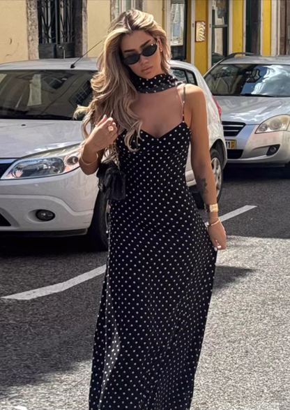 Vintage Polka Dot Spaghetti Strap Maxi Prom Dress with Neck Scarf TP5709