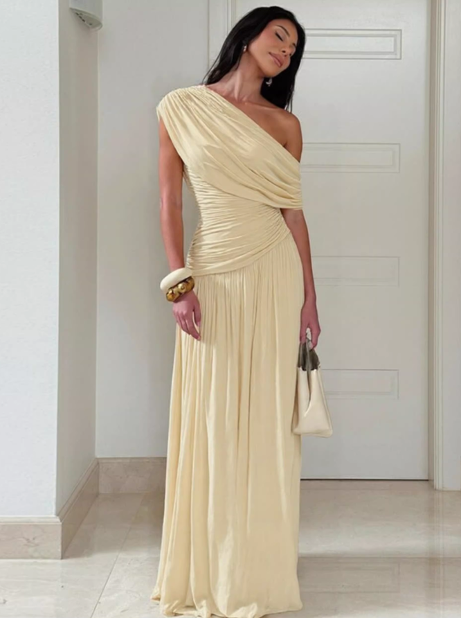 Vintage One-Shoulder Ruched Chiffon Evening Dress TP5716