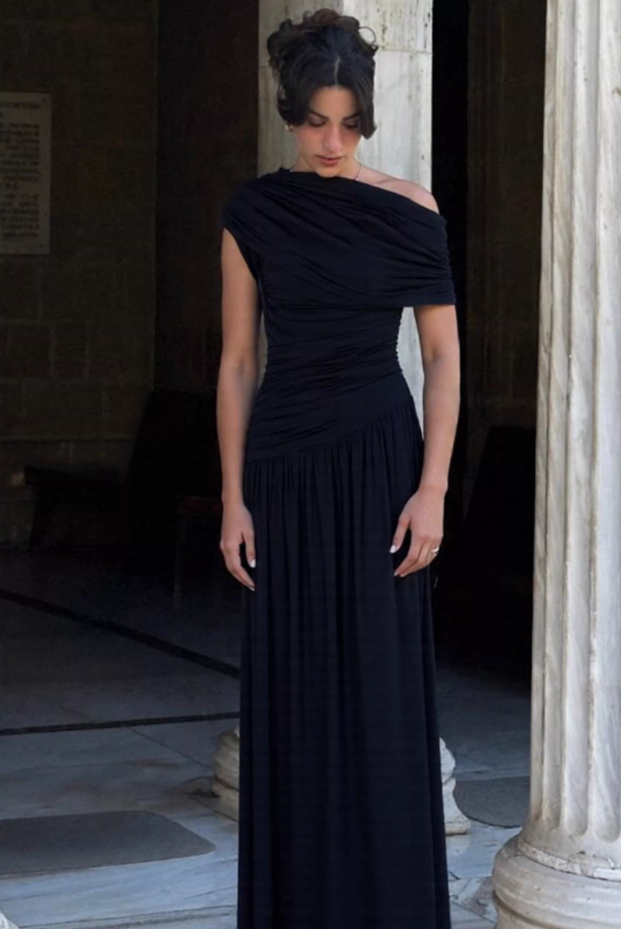 Vintage One-Shoulder Ruched Chiffon Evening Dress TP5716