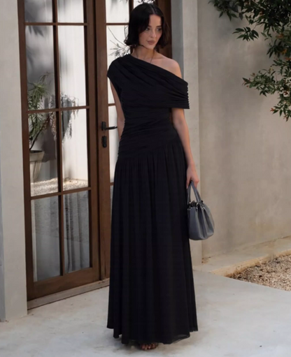 Vintage One-Shoulder Ruched Chiffon Evening Dress TP5716