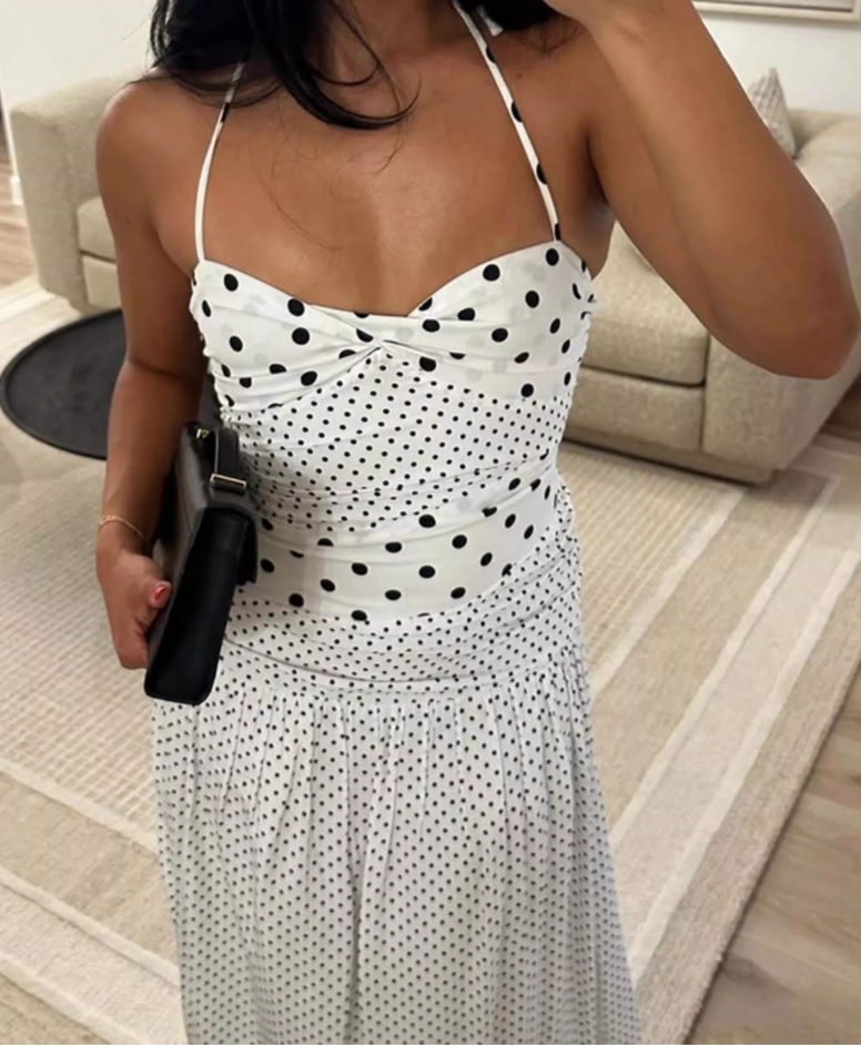 Vintage Polka Dot Halter-Neck A-Line Evening Dress TP5720